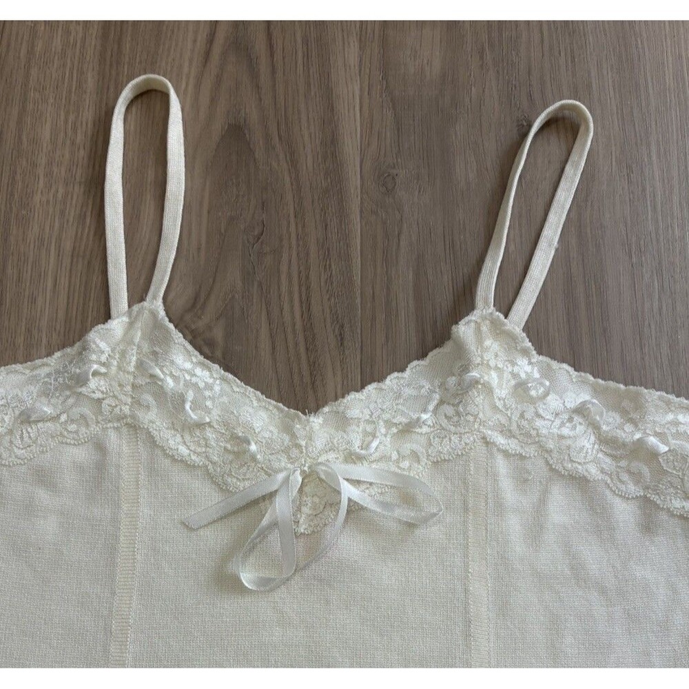 Soft Sweater Knit Camisole Tank Top Cream Lace And Ribbon Trim Sz. L Coquette - Picture 4 of 7